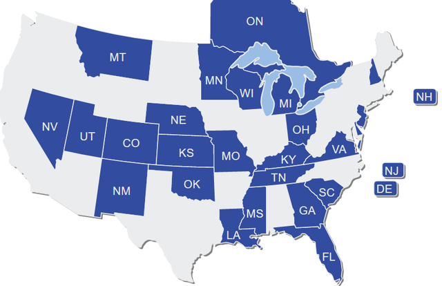 map of U.S., showing 23 states where Lamar does interstate logos. None of the west coast or upper east coast are included, and neither are Texas or Arizona