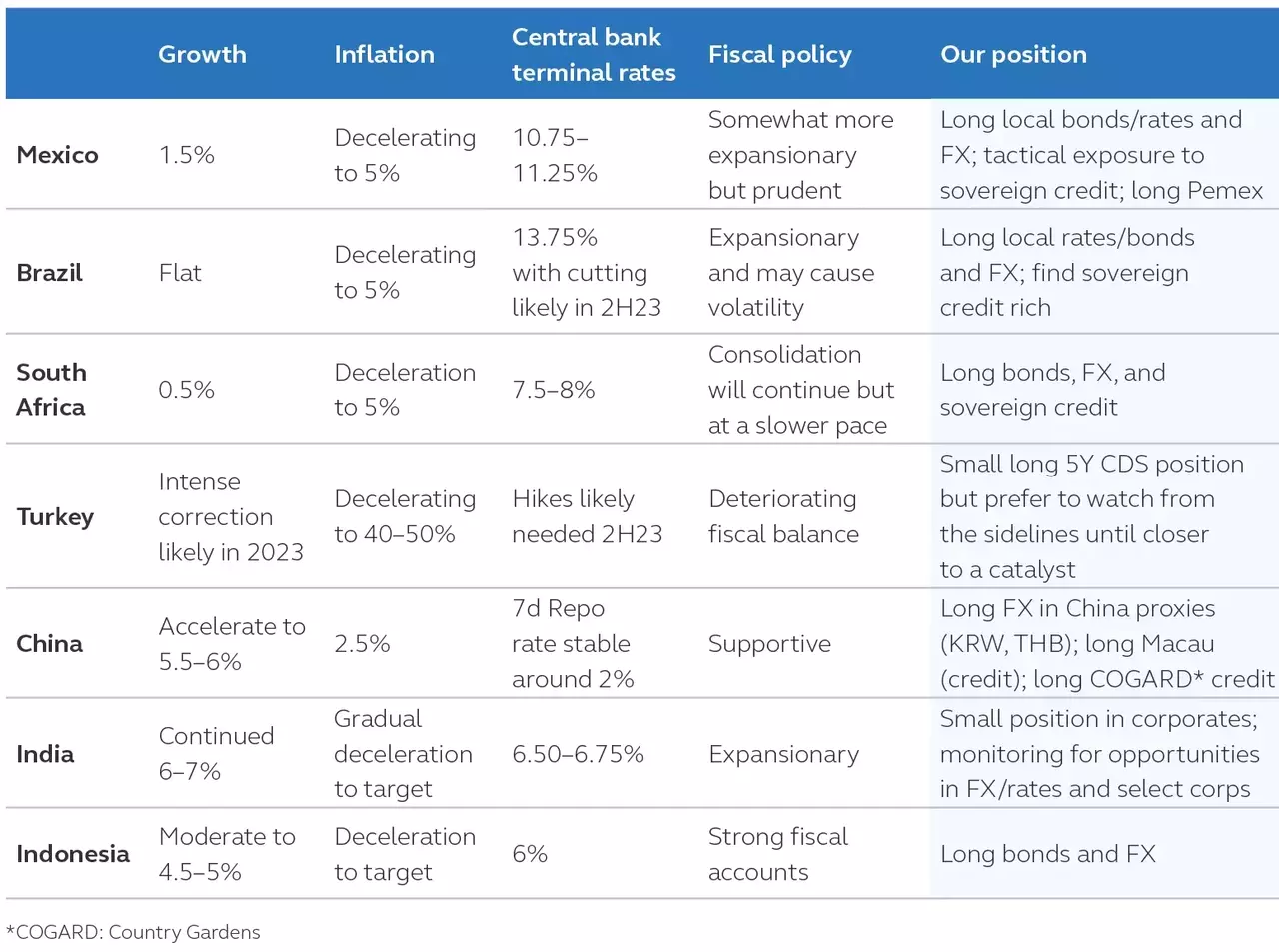 Table showing key country views in terms of growth, inflation, central bank terminal rates, fiscal policy, and the Principal position.