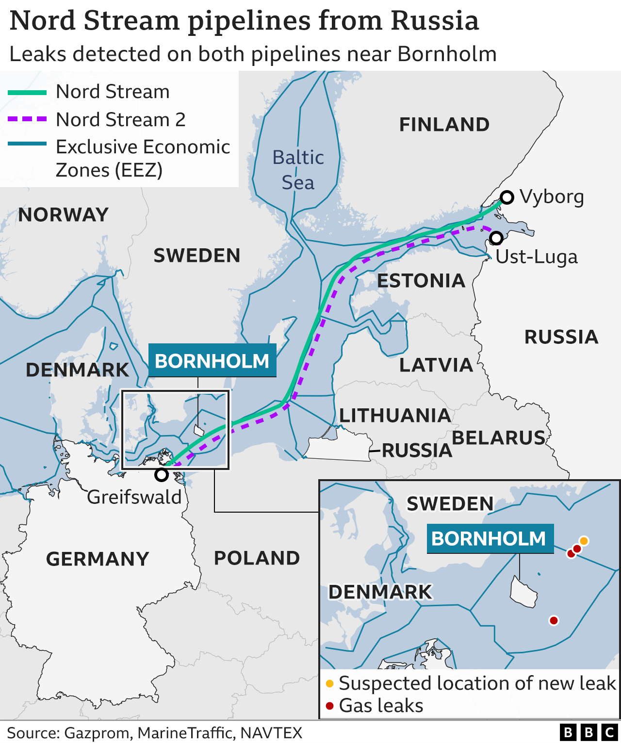 Map shBbc.co.uk/news/world-europe-60131520owing the route of the Nord Stream pipelines between Russia and Germany as well as the borders of the economic zones in the Baltic sea.