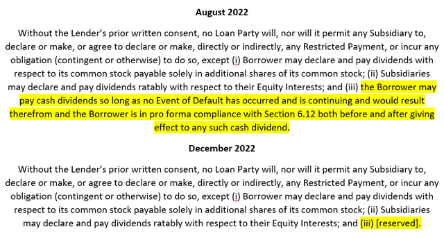 Text comparing December 2022 credit agreement with August 2022 credit agreement