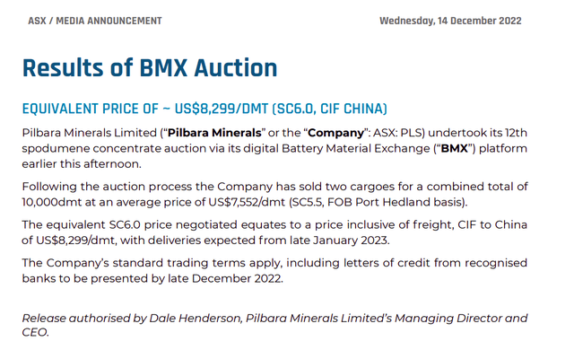 Latest results of the BMX auction