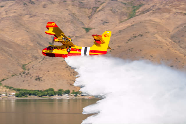 This image shows a Super Scooper aerial firefighting airplane.
