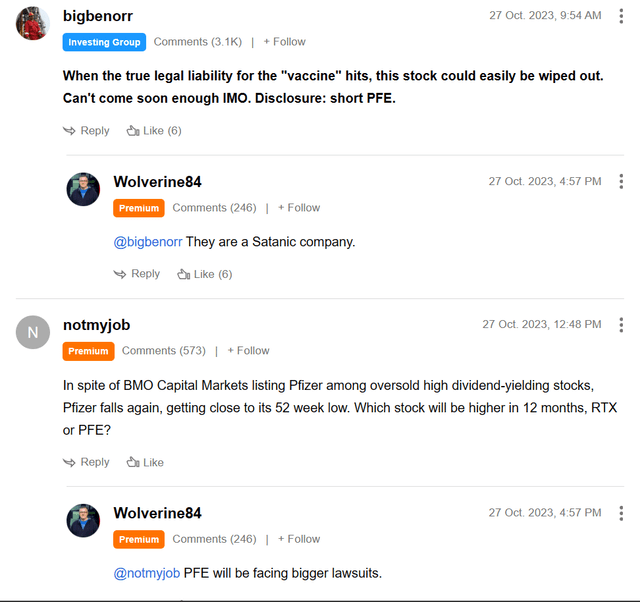 Screenshot of discussion under a recent Seeking Alpha article, alleging the "satanic" Pfizer will face dangerous lawsuits..