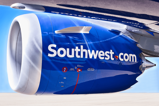This image shows the Southwest branding on a CFM LEAP 1B engine.