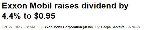 Exxon Mobil raises dividend by 4.4% to $0.95