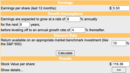 Screenshot from a simple DCF calculator using the aforementioned metrics