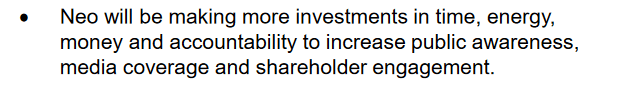 Screenshot from Neo Performance Material investor presentation promising improved communication to the market