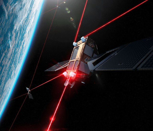 This image shows a render of a laser communication satellite constellation.