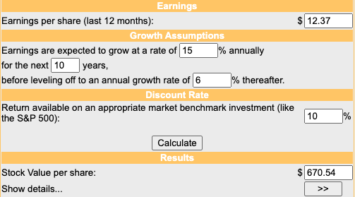 DCF calculation using a simple calculator and the aforementioned metrics