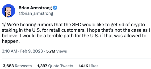 Brian Armstrong's Tweet