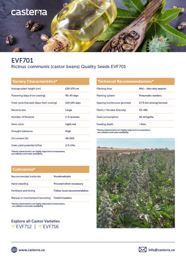 Casterra's EVF701 Castor bean Product Fact Sheet