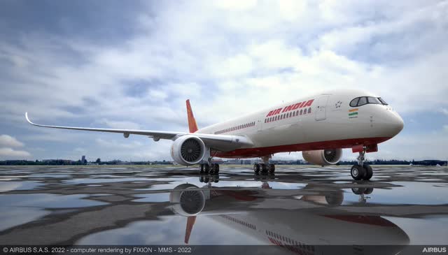 A picture of the Airbus A350 in Air India colors.
