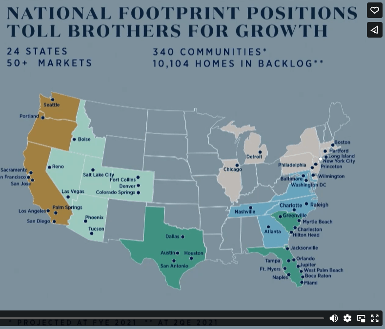 NATIONAL FOOTPRINT POSITIONS TOLL BROTHERS FOR GROWTII 24 STATES SO. MARKETS 340 COMMUNITIES• 10,104 HOMES IN BACKLOG' •