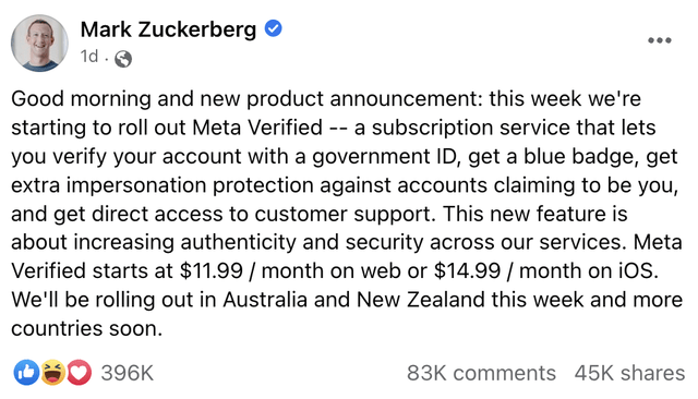 Mark Zuckerberg's Facebook announcement