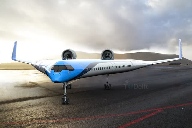 This picture shows the Flying-V, a novel airplane design from TU Delft