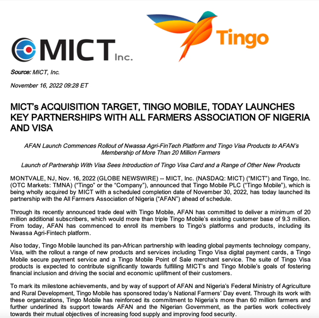 MICT, Inc. (November 16, 2022 press release)