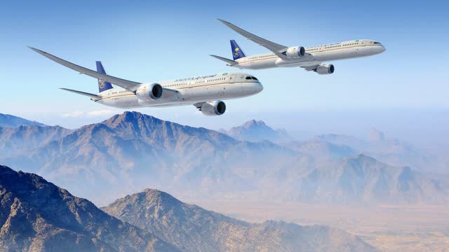 This image shows the Boeing 787-9 and Boeing 787-10 in Saudia colors.