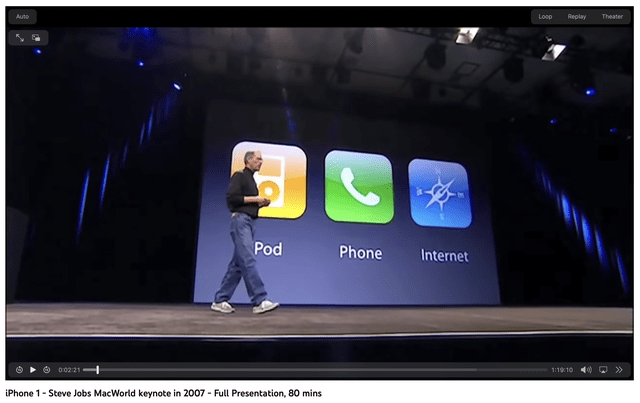 Steve Jobs in front of a slide with the 3 iPhone killer apps — music/video, phone, internet
