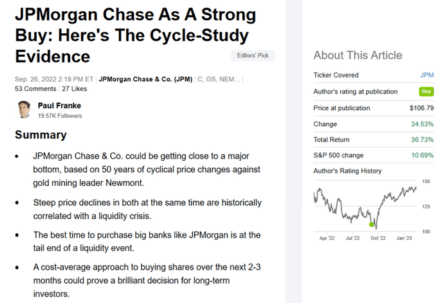 Seeking Alpha - Paul Franke, JPMorgan Chase Article, September 26th, 2022