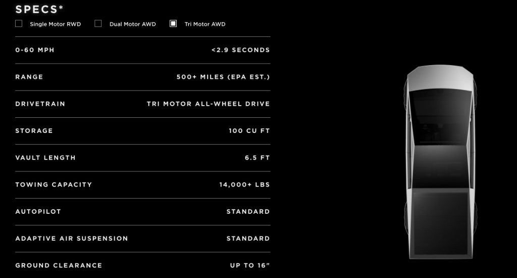 Cybertruck trimotor Specs