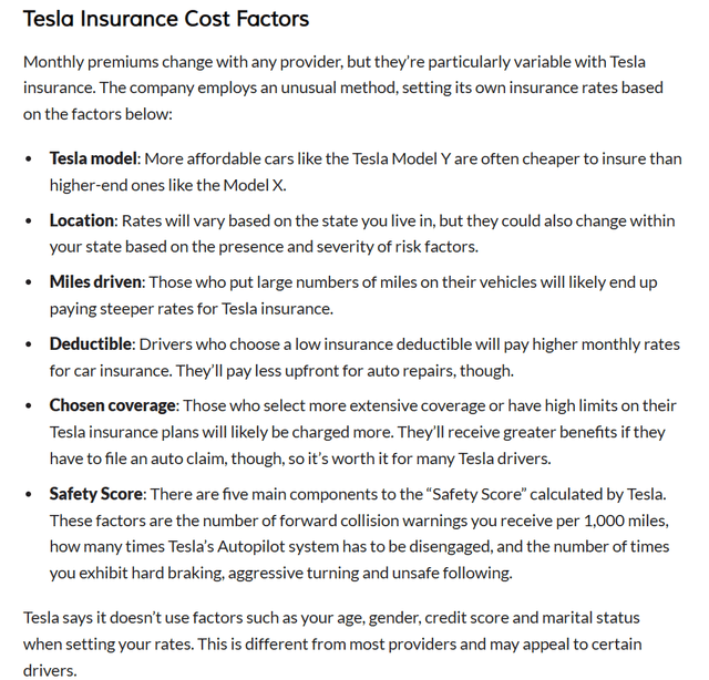 A screenshot of cost factors of tesla insurance from marketwatch.com