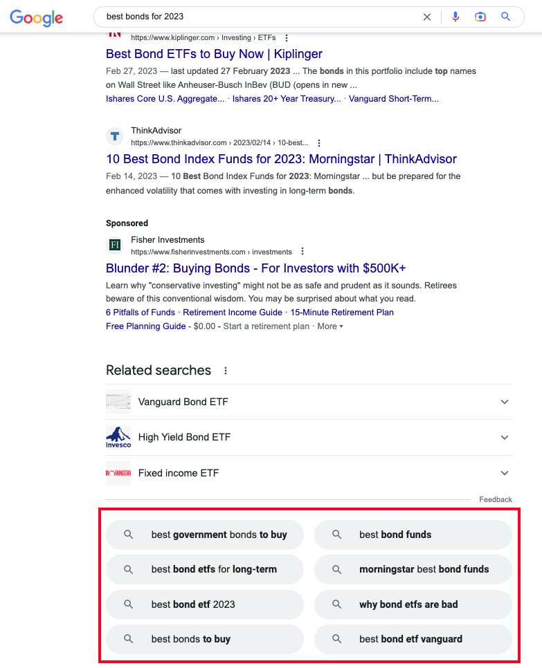 Example of Related Searches that shows at the bottom of a search results page.