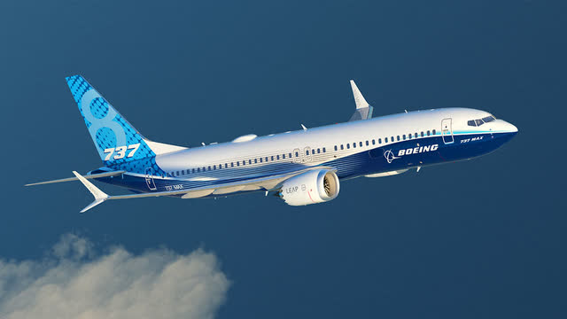 This image shows a Boeing 737 MAX 8 airplane in the skies.