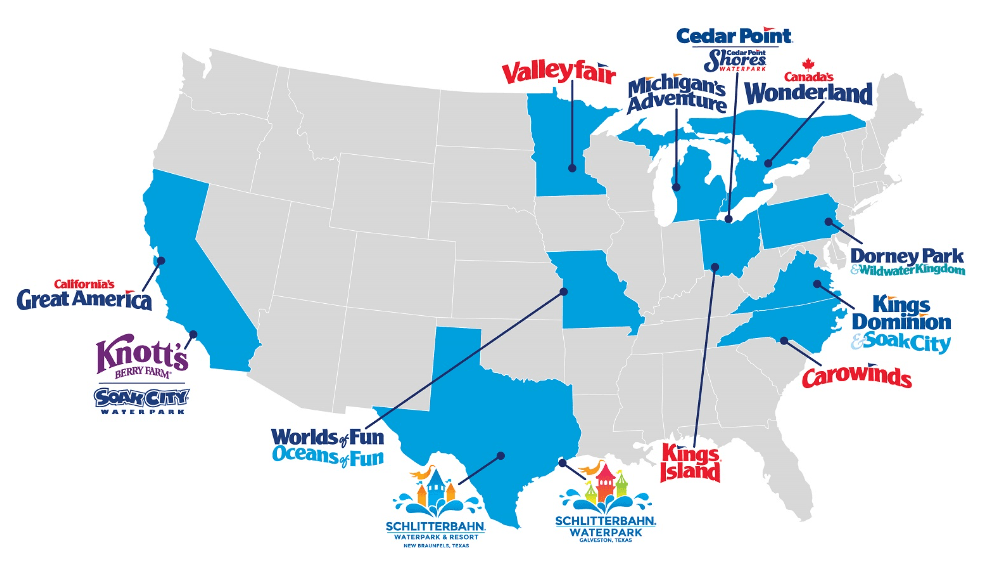 Map showing Cedar Fair's amusement park and water park locations