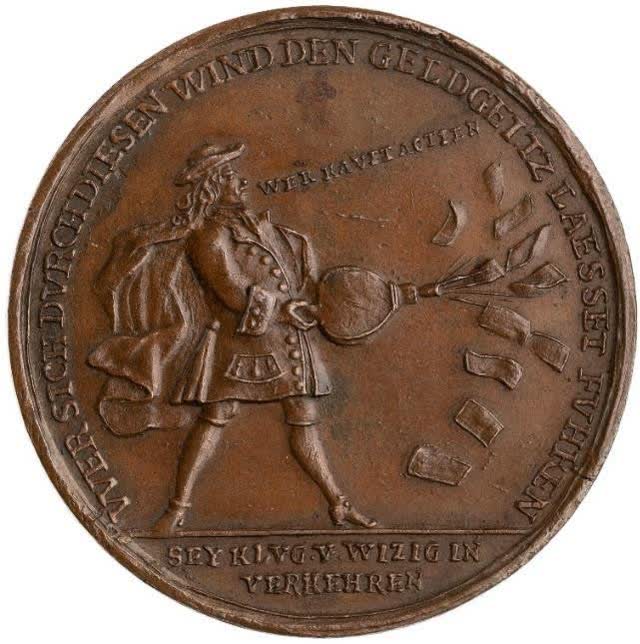 Copper Medal, Germany 1720: John Law expelling paper shares from a giant bellows
