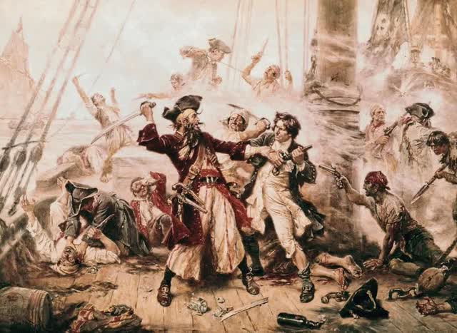 The capture of the Pirate Blackbeard, 1718. Painting by J. L. G. Ferris.