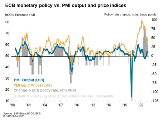 ECB monetary policy vs. PMI output and price indices