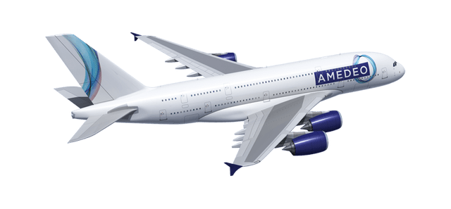 The Airbus A380 airplane in Amedeo Air Four Plus colors.