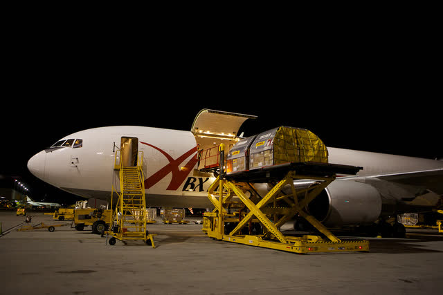 This picture shows a cargo airplane being loaded.