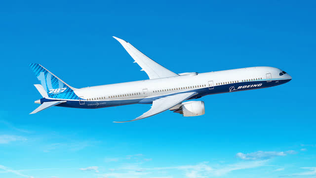 This image shows a Boeing 787 airplane in the skies.