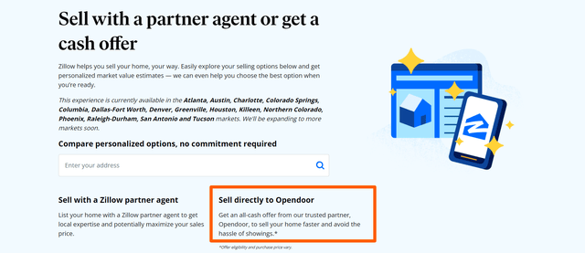 Zillow's page dedicated to sellers with Opendoor's presence highlighted