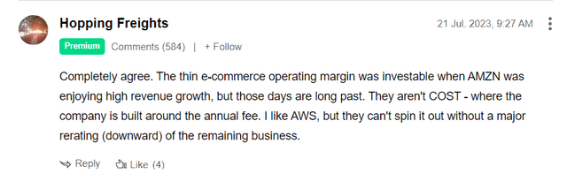 SA commenter commenting about Amazon's margin profile