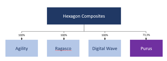 Graph showing the equity owenership stakes of key Hexagon business before Purus Equity Offering