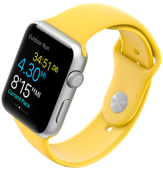 A smart watch with a yellow band Description automatically generated