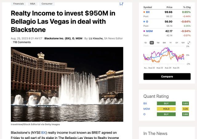 Snapshot of article headline where Realty Income invested in the Bellagio.