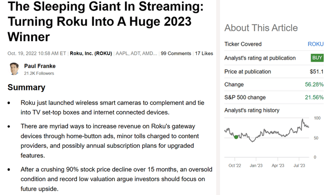 Seeking Alpha - Paul Franke, Roku Article, October 19th, 2022