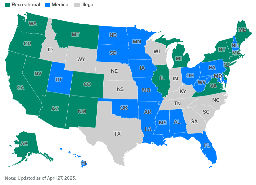 A US map showing the states where the marijuana is legal