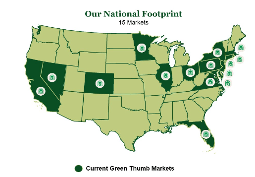 A US map showing the current markets wherein Green Thumb operates