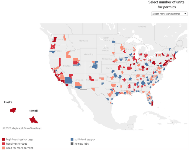 How many new single-family housing permits are issued for each new job in 174 metropolitan areas. - Housing Shortage Tracker