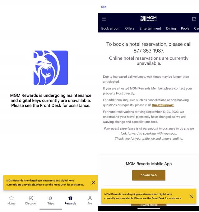Screenshots of the MGM Rewards App on September 22, 2023.