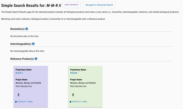 Search results for "MMR II" on the FDA Purple Book website of approved biological drugs