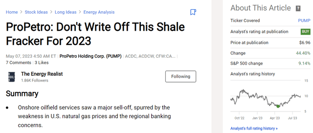 Seeking Alpha article; ProPetro; PUMP