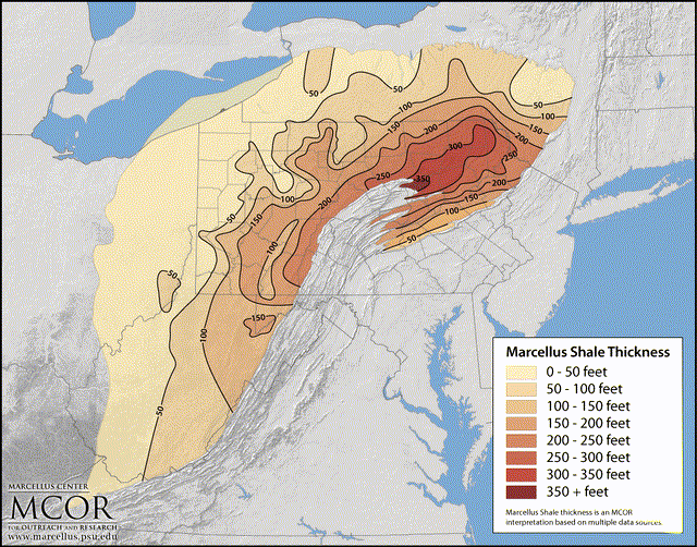 geological depth map and area of Marcellus formation