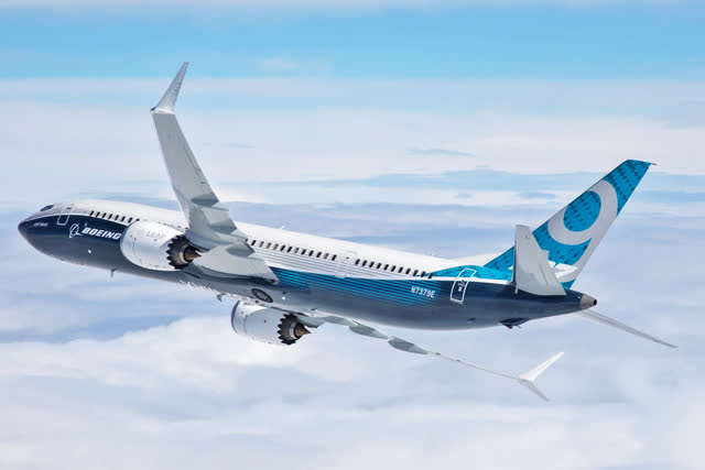 This image shows a Boeing 737 MAX 9 airplane in the skies