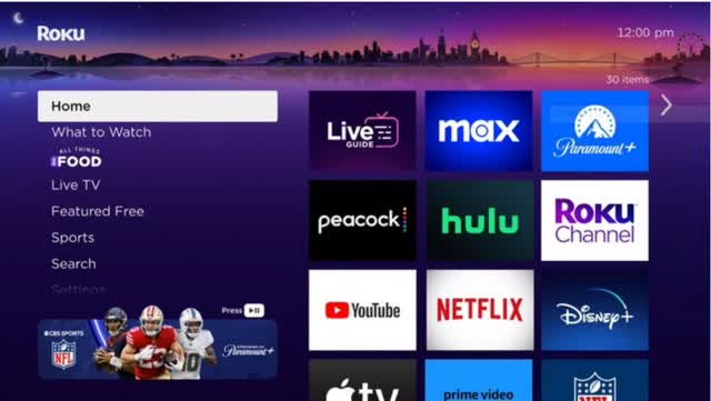 The image shows the Roku home screen.