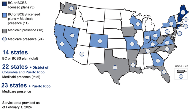 Map of the U.S. showing states where Elevance offers coverage